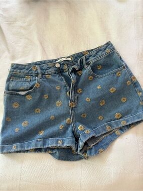 Gold Daisy Embroidered Blue Denim Shorts